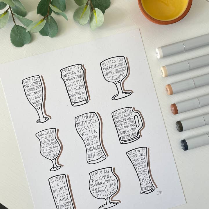 Beer Glass Styles | Recycled Cardstock Print for wholesale by D. Prince Designs