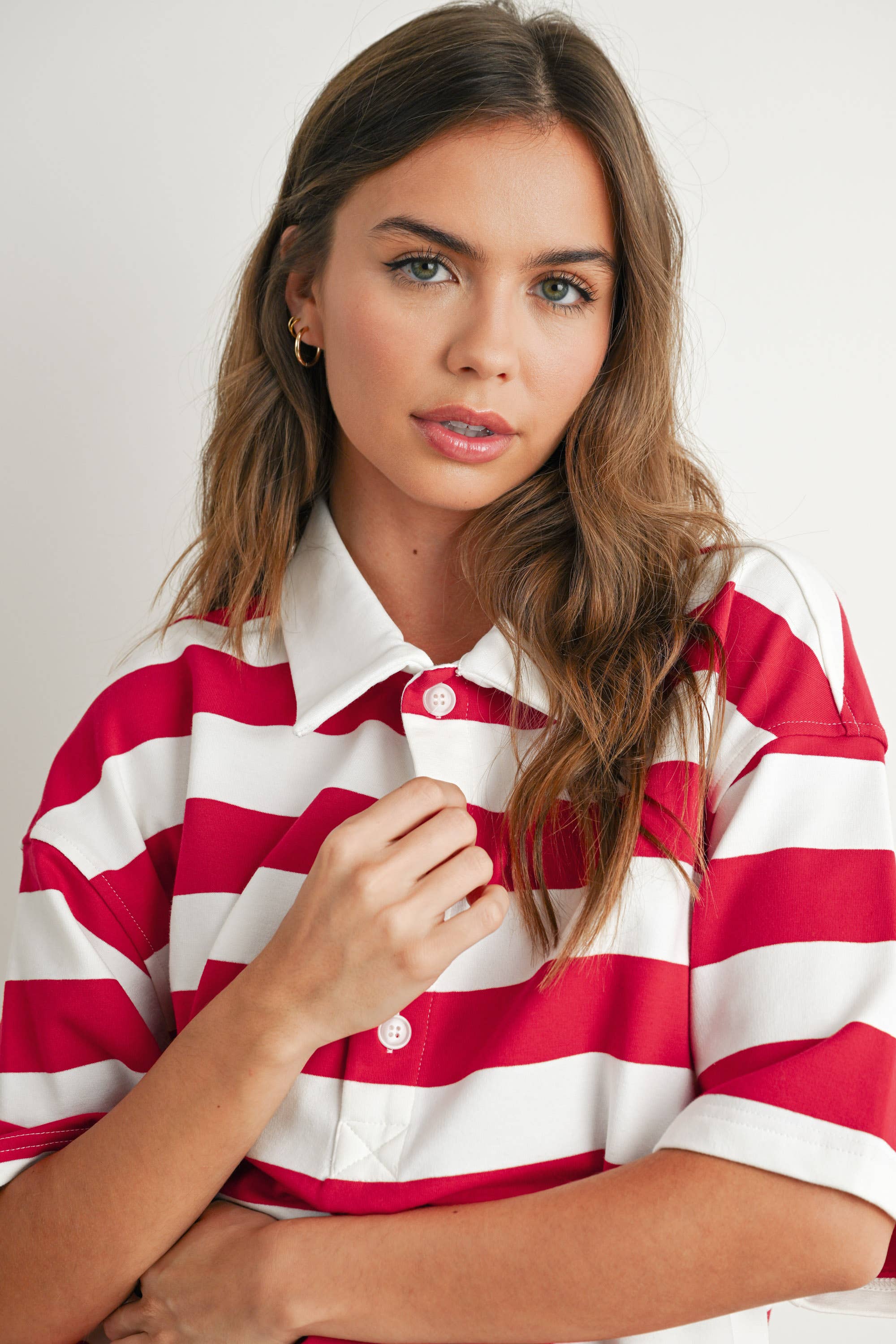 BUTTERMELON - Wholesale Polo - Women's - Striped Oversized Polo Shirt - BMT771014