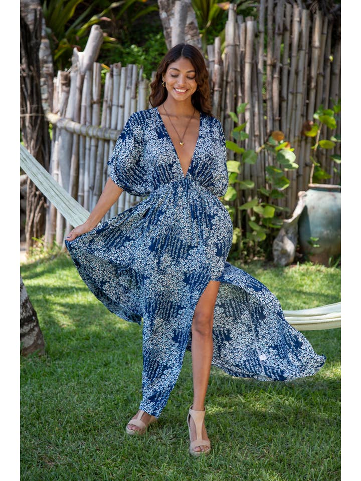 Bali Prema – wholesale Klänning - Dam – Sommar Dubbel Slit Sexig Amy Kimono Maxi Klänning i Premium St Johns Blue Diamond16