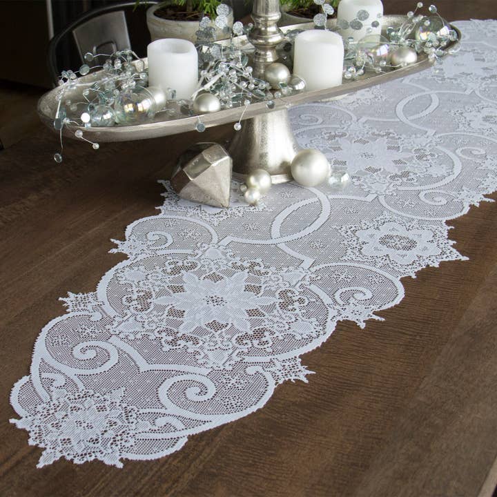 Snowflake 19x65 White Lace Table Runner for wholesale by Heritage Lace