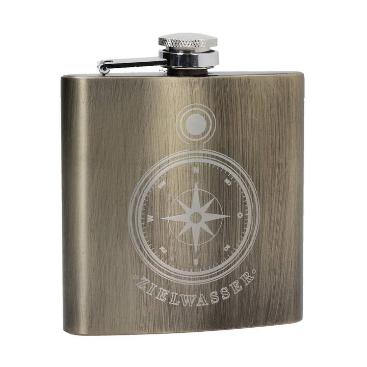 Bronze stainless steel hip flask with compass motif for wholesale by COWstyle