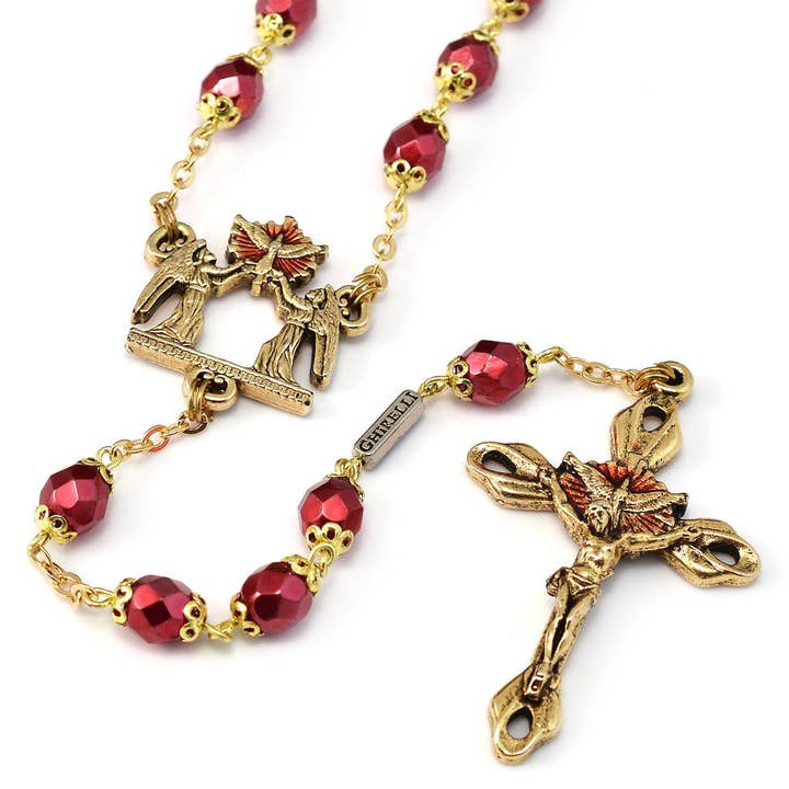 Ghirelli UsA Inc - Wholesale Prayer Beads Necklace - Holy Spirit Faceted Red Glass and Gold Rosary