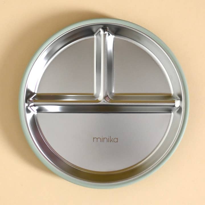 Assiette à succion en acier inoxydable et silicone - Sauge pour la vente par Minika