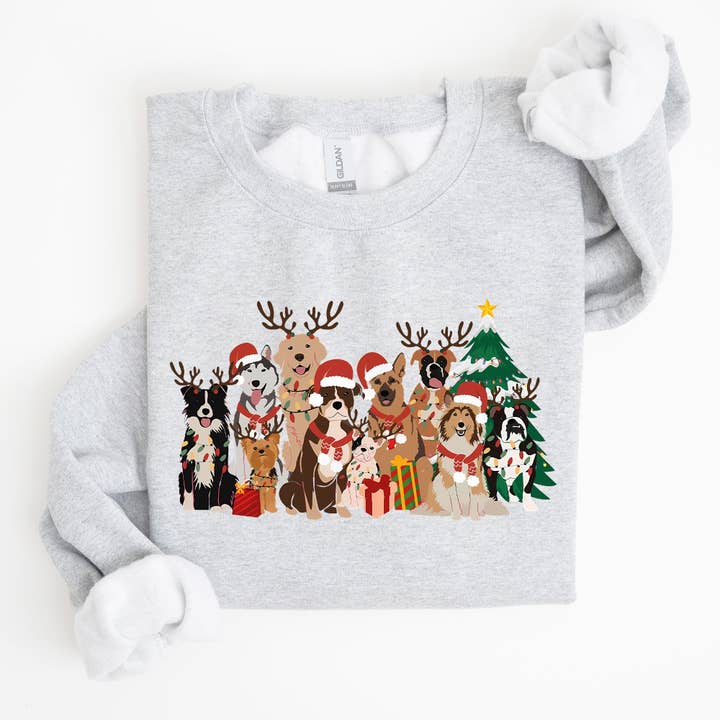 Refinery Number One LLC - Wholesale Graphic Sweatshirt - Unisex - Christmas Dogs, Antlers, Reindeer Santa Dog Lover Sweatshirt