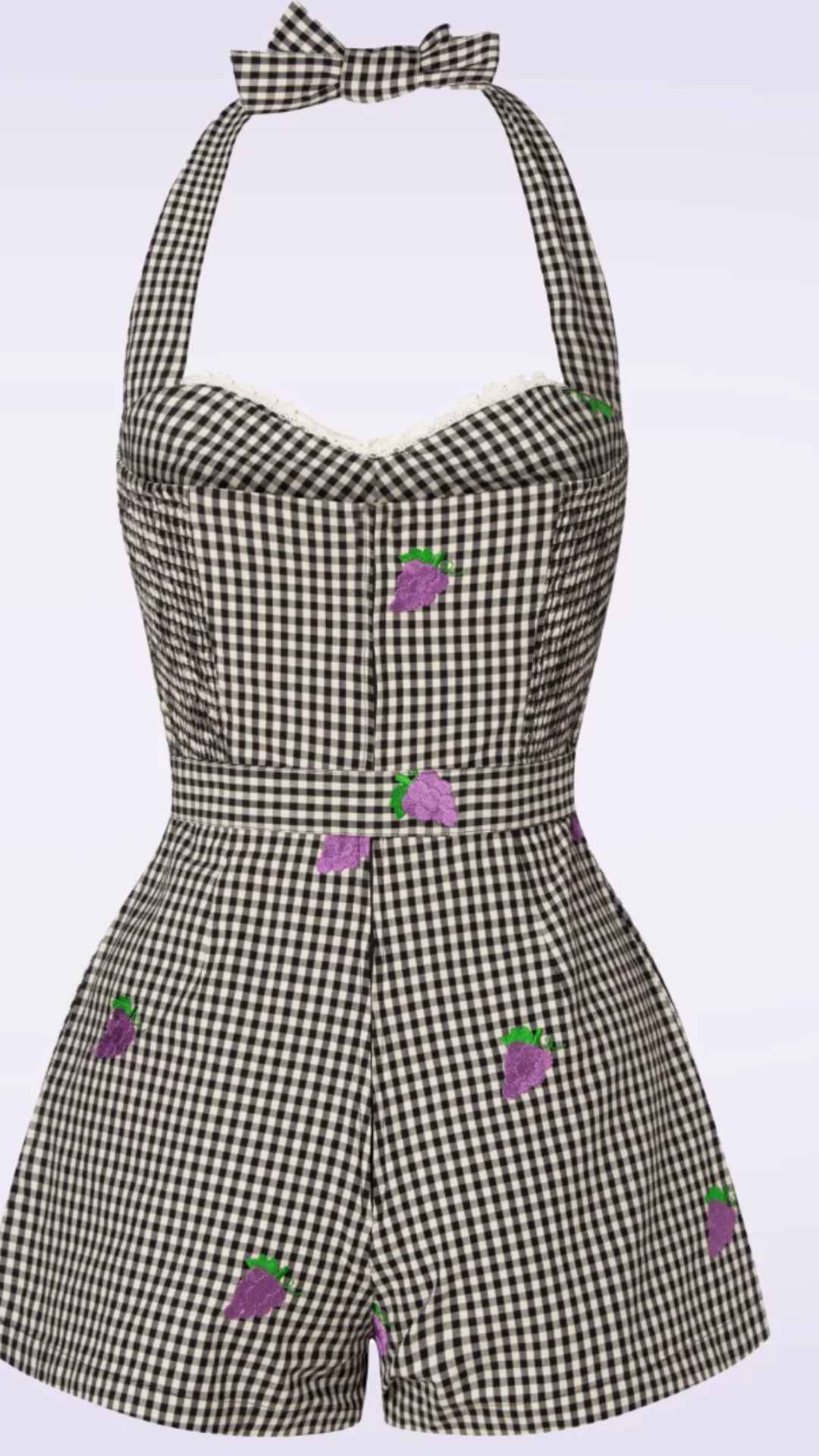 Timeless London - Vendita all'ingrosso Tutina - Donna - Tuta corta Savi in vichy con collo a halter e ricamo3