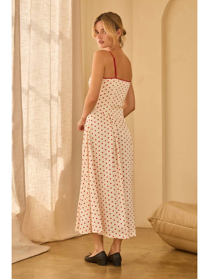 Weiß-Rot Ärmelloses Midikleid mit Polka-Dots und kontrastierenden Paspeln für den Großhandel auf Faire4