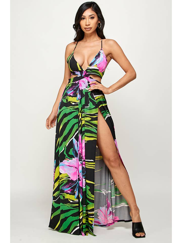 Black combo Flower Print Maxi Dress for wholesale on Faire