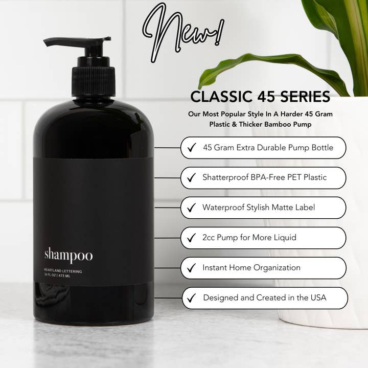 Joie Designs Co. | Refillable Bottles - Wholesale Soap Dispenser - Black Minimalist Shower Dispenser Bottles - Manhattan Collection, Black Matte Label | Black Glossy Bottle