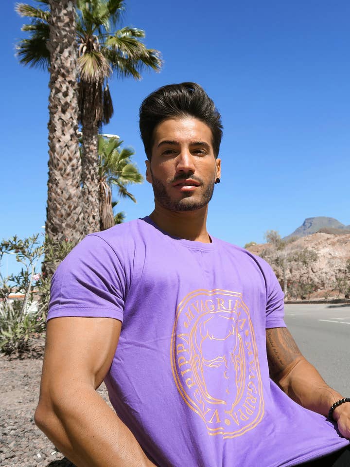 Slim fit Indigo T-Shirt with full gold Mvagrippa logo for wholesale by Mvagrippa