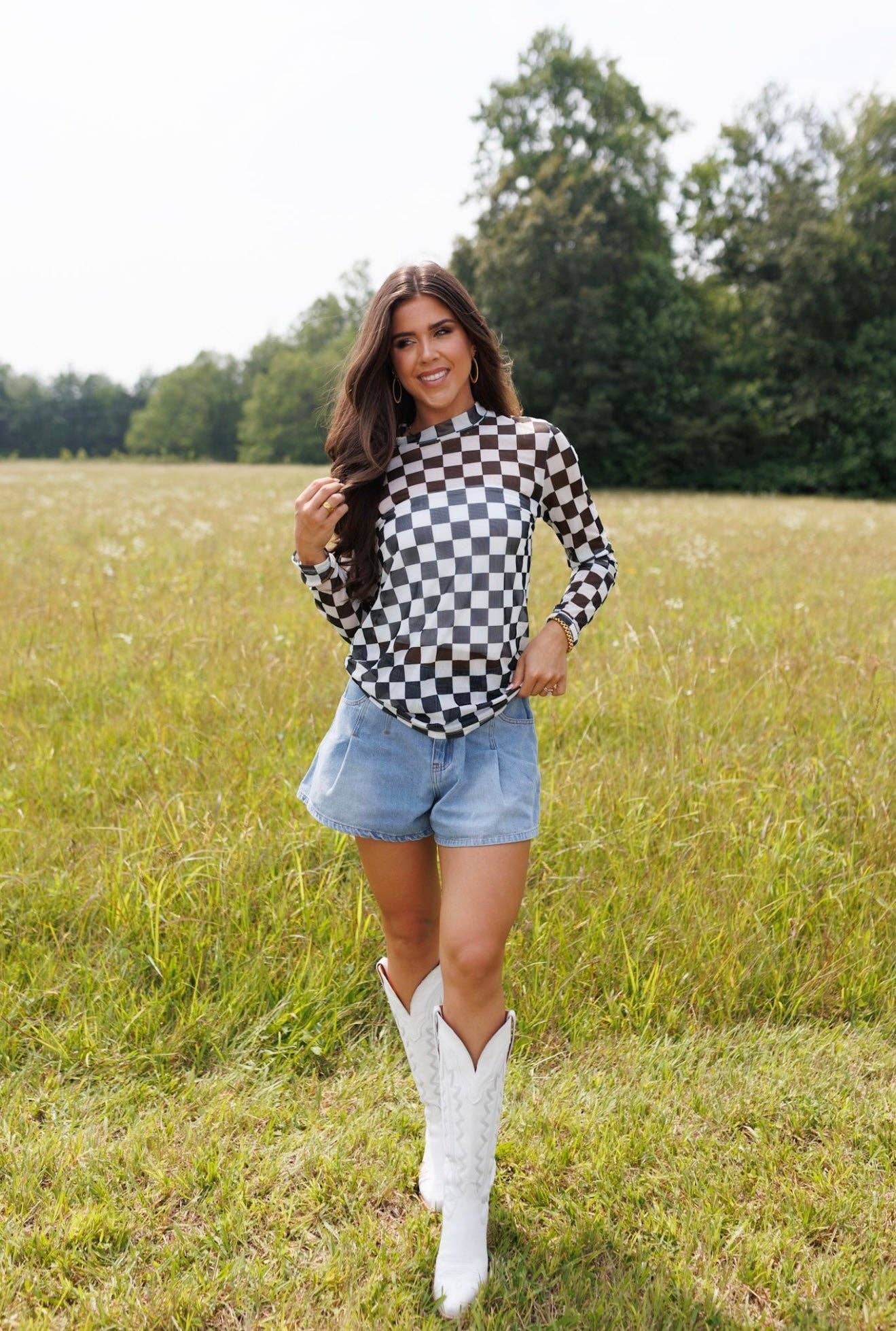 The Front Porch Label – wholesale Blus - Dam – Svart schackbrädemönstrad meshtopp2