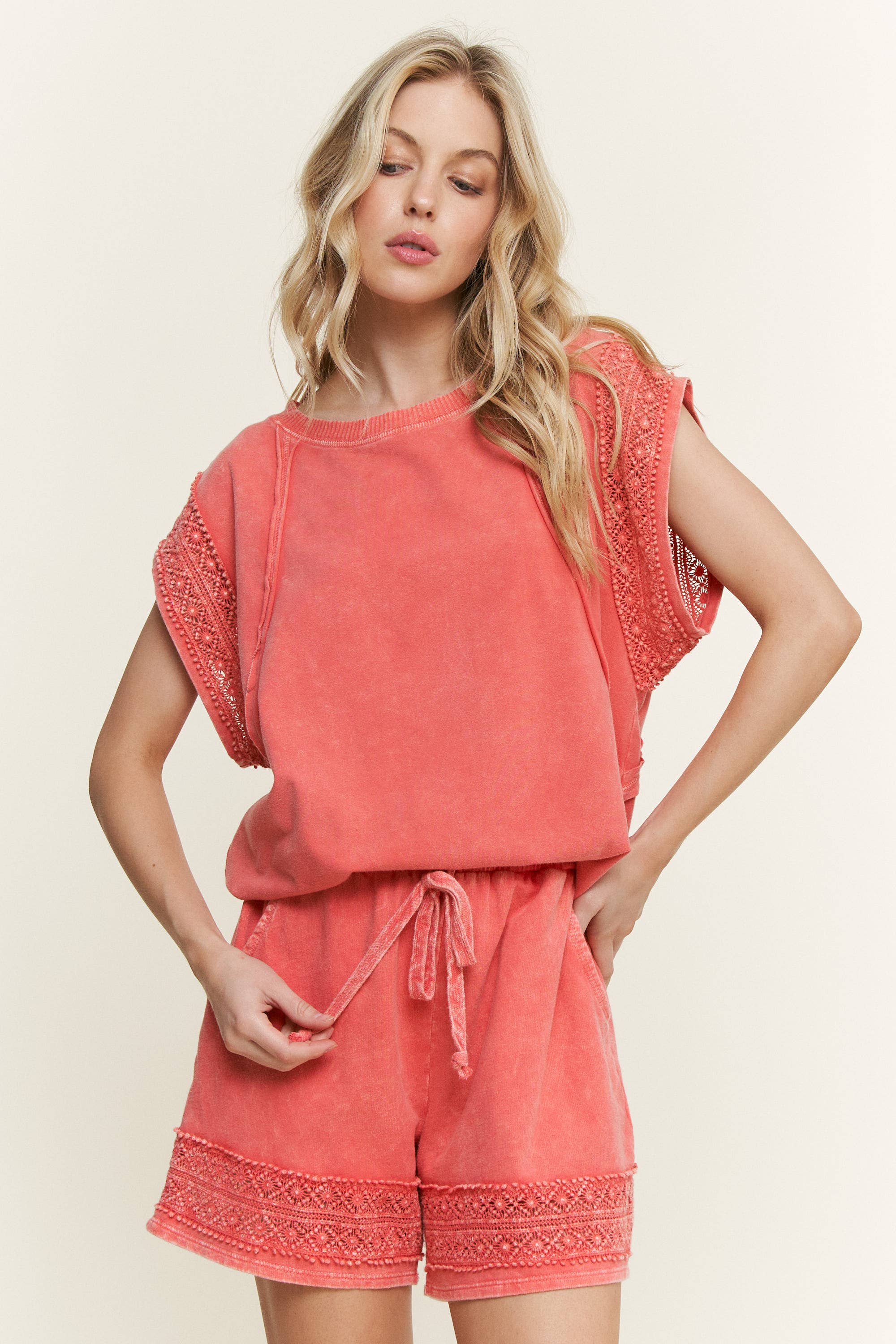 OrangeRed MineralWash Trim Cap sleeve Blouse HT5668.. for wholesale on Faire3