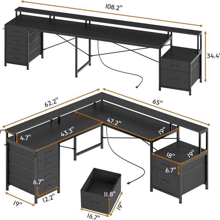 ShipItFurniture - Wholesale Desk Set - Black L-Shaped Desk with 6 Drawers & File Cabinet