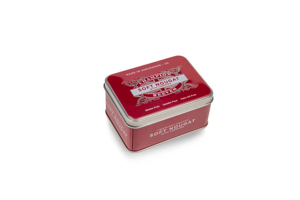 Champion & Reeves – wholesale Nougat – Soft White Nougat with Italian Cherry Bite Size pieces)TIN)