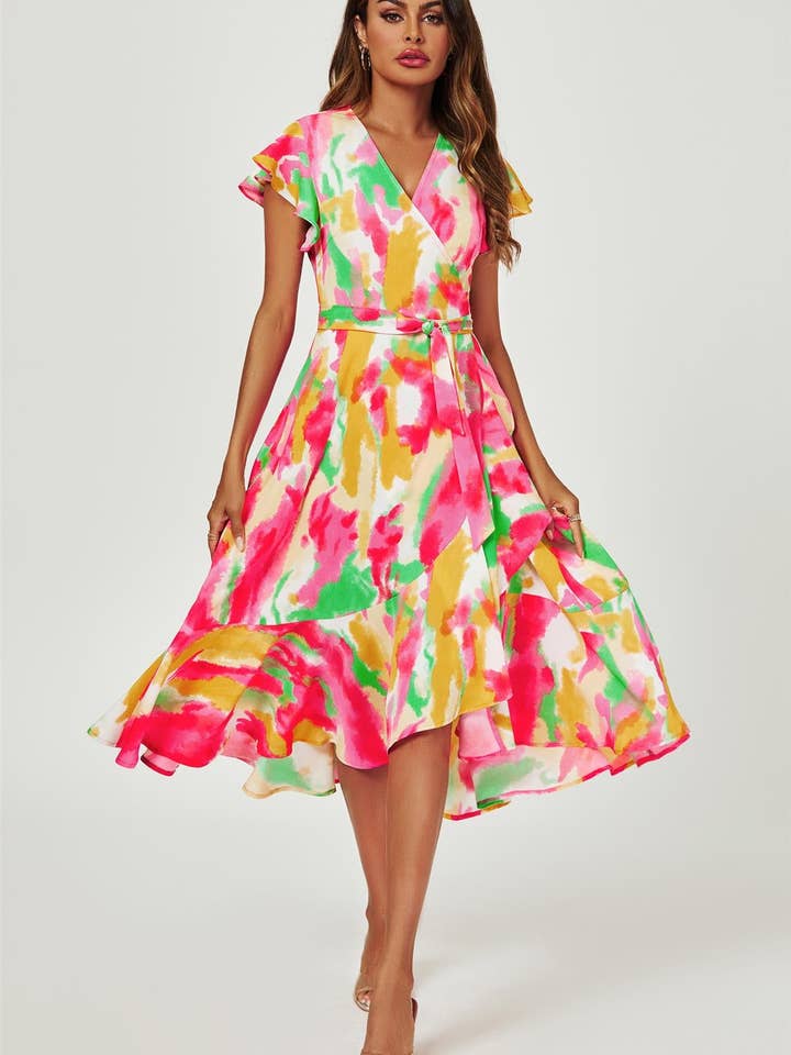 Abstract Floral Print Midi Wrap Dress In Pink for wholesale by FS Collection