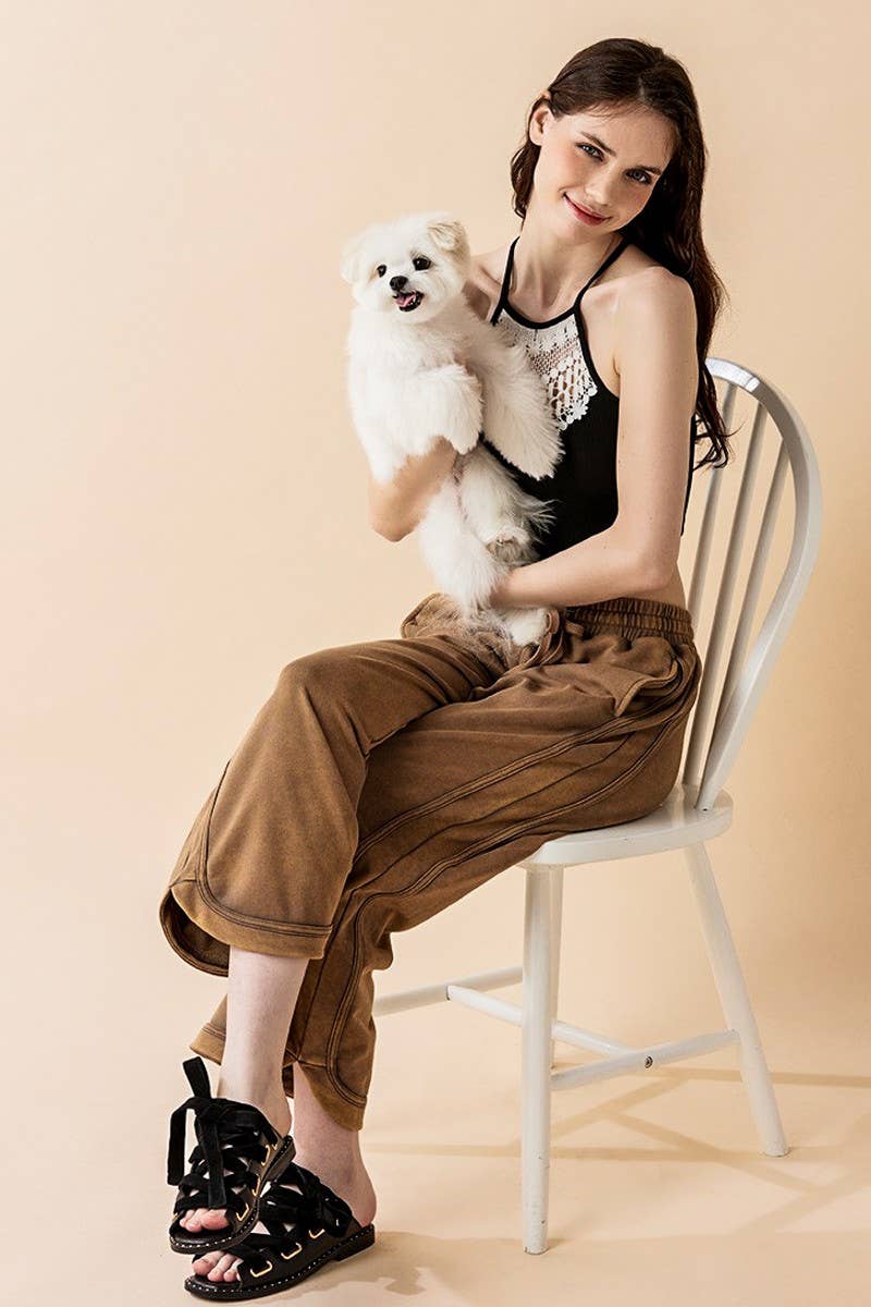 noflik - Wholesale Pants - Women's - Dolphin Tail Wide Leg Mineral Washed Pants - INP1023_6