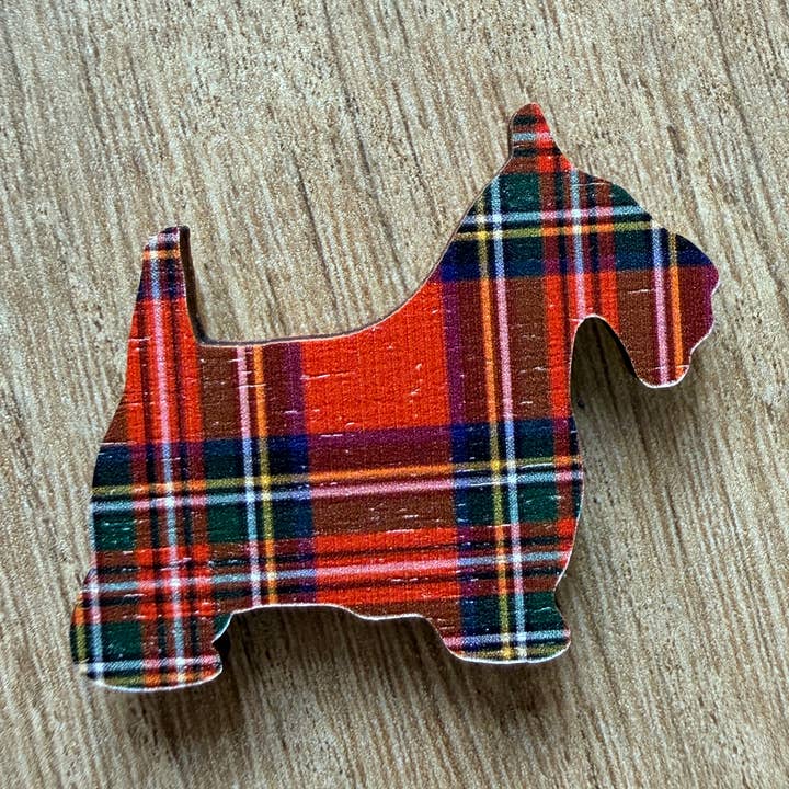 Scottie Dog Wooden Brooch Pin - Red Stewart Tartan for wholesale by Havens Treasures