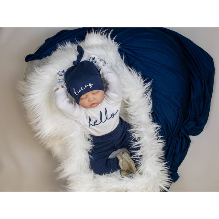 Hello in Navy | Newborn Boy Coming Home Outfit for wholesale by Cuddle Sleep Dream