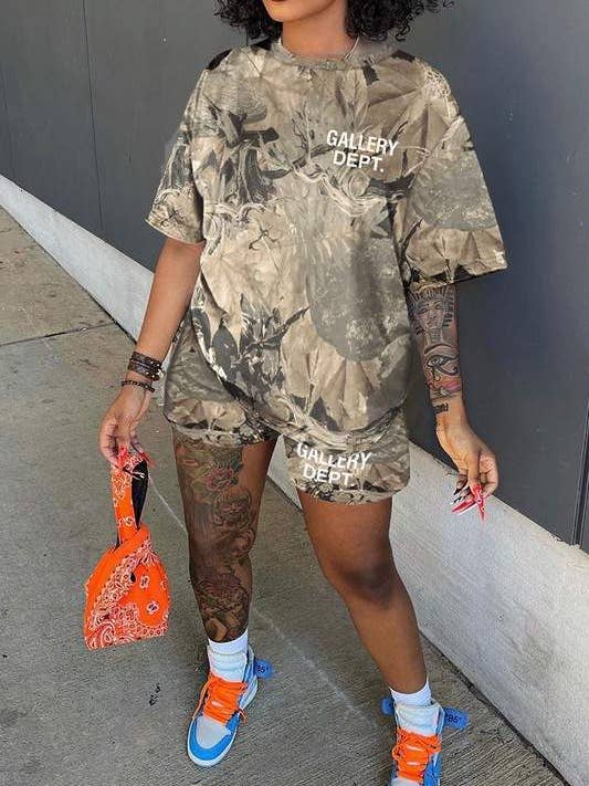Flarix - Wholesale Lounge Set - Women's - camou graphic tee and shorts set