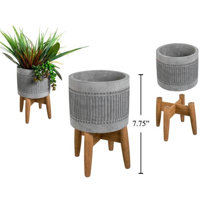 Truu Design - Wholesale Plant Pot - Concrete Planter with Wood Stand, Two Sizes 5x5x8"&4x4x10"