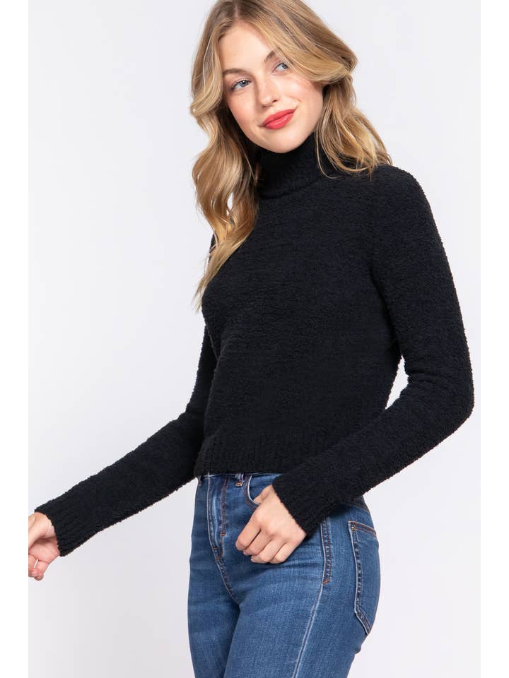 BLK black Long Sleeve Turtle Neck Fluffy Sweater for wholesale on Faire