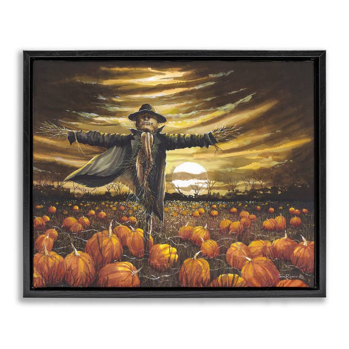 Scarecrow in Pumpkin Field Floater Framed Art Holiday for wholesale by Stupell Industries