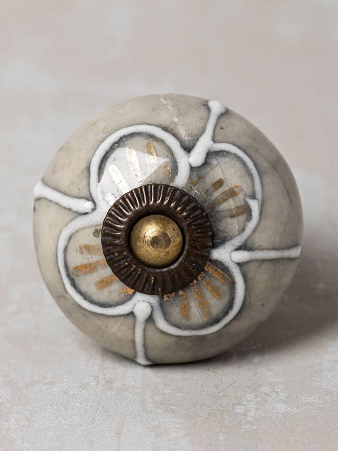 Handmade Round Light Gray Floral Pattern Ceramic Kitchen Cabinet Knob for wholesale by KNOBCO