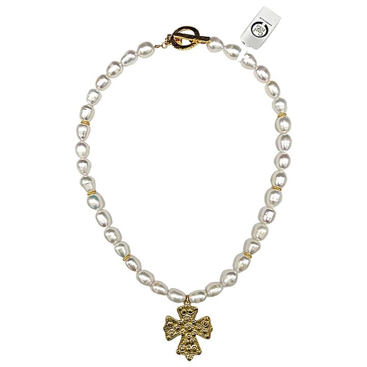 714-01-GC | FRESHWATER PEARL NECKLACE w/GOLD COPTIC CROSS for wholesale by Girl With A Pearl