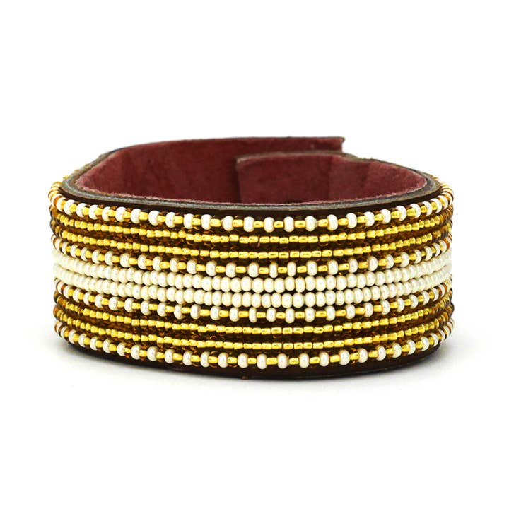 Medium Gold and Pearl Stripe leather Cuff for wholesale by Swahili Coast