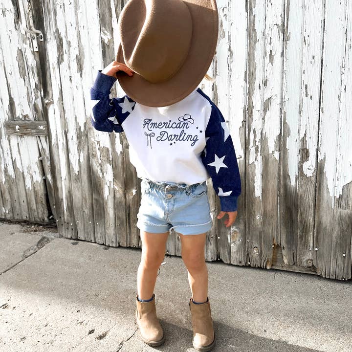 American Darling Western Child Waffle Sleeve Crewneck - Navy / White for wholesale on Faire2