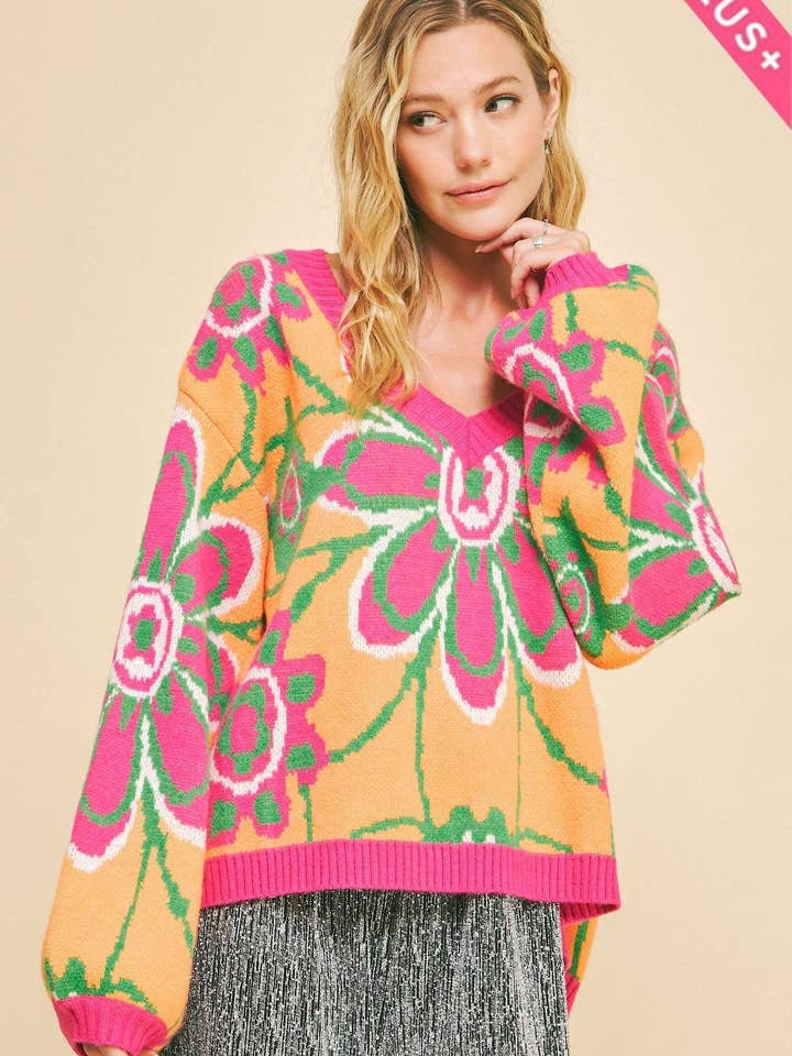 PLUS RETRO FLORAL KNIT V NECK PULLOVER SWEATER TOP for wholesale by Davi & Dani