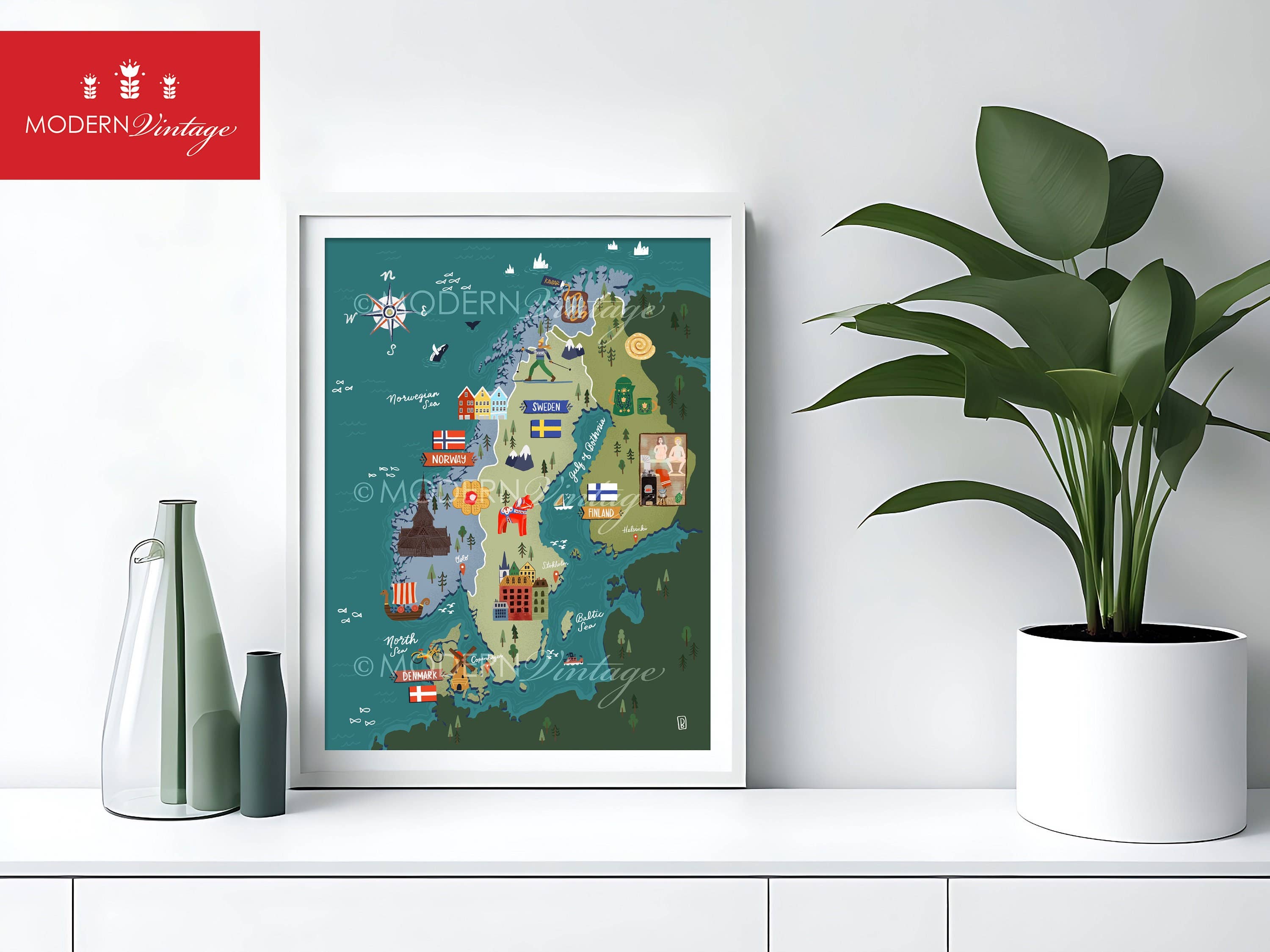 Modern Vintage Design Studio - Wholesale Map - Scandinavia Map: Norway, Sweden, Finland, Denmark0