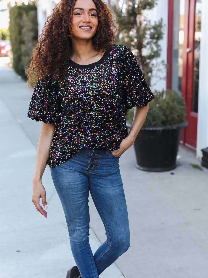 Promenade - Vente Chemisier – femme - Haut de fête en velours noir à sequins multicolores avec manches bouffantes (paquet ouvert)12