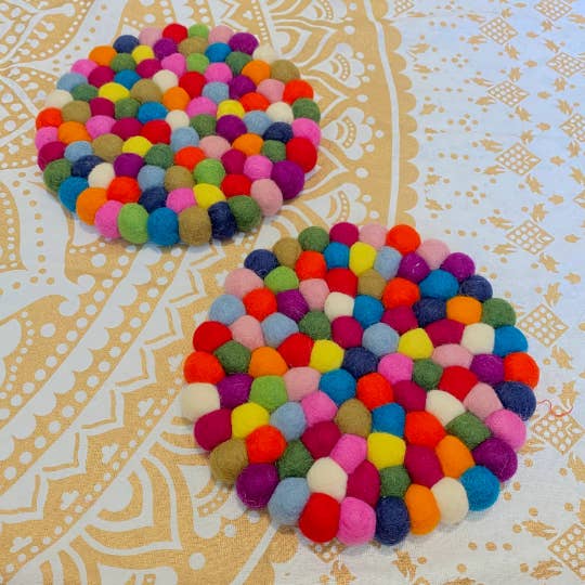 Karma Nepal Crafts - Wholesale Trivet - Handmade Round Multicolor Felt Ball Trivet from Nepal