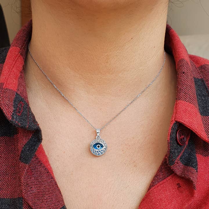 Glass Evil Eye and 925 Sterling Silver Necklace - Turkish for wholesale by MYSTIC JEWELS