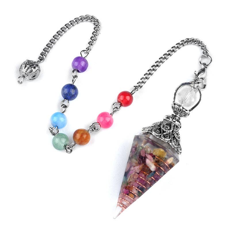 Mio Queena - Wholesale Spiritual Stone/Crystal - Hexagonal Cone Gravel Pendulum with Chakra Chain - CS12
