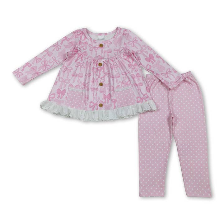 Yawoo Garments - Wholesale Top & Leggings Set - Kids - Pink bows tunic polka dots leggings toddler girls clothes0