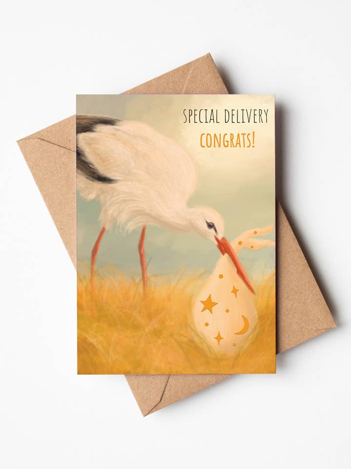 Special Delivery Stork Greeting Card for wholesale by Jo Couch