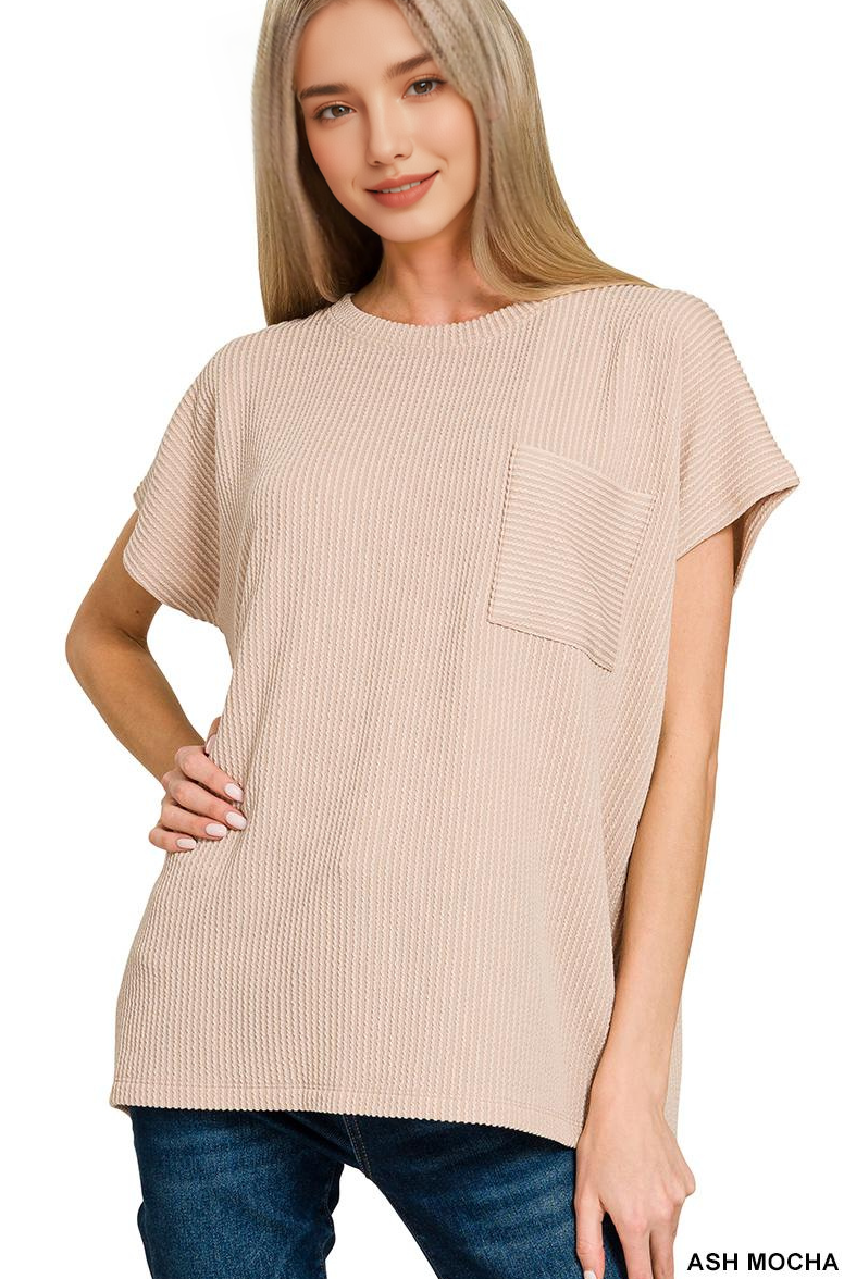 42POPS - Wholesale Knit Top - Women's - ....0902 Raised Rib Front Pocket Boxy Top SI-287131