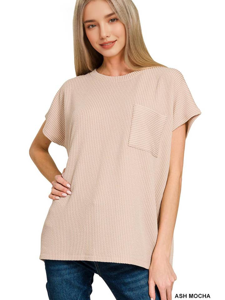 42POPS - Wholesale Knit Top - Women's - ....0902 Raised Rib Front Pocket Boxy Top SI-287131