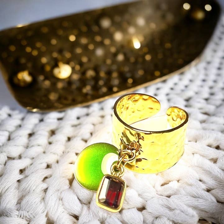TOURMALYN - Venta al por mayor Anillos grandes/de cóctel - Anillo oro fino dorado en piedra granate y lentejuelas esmaltadas