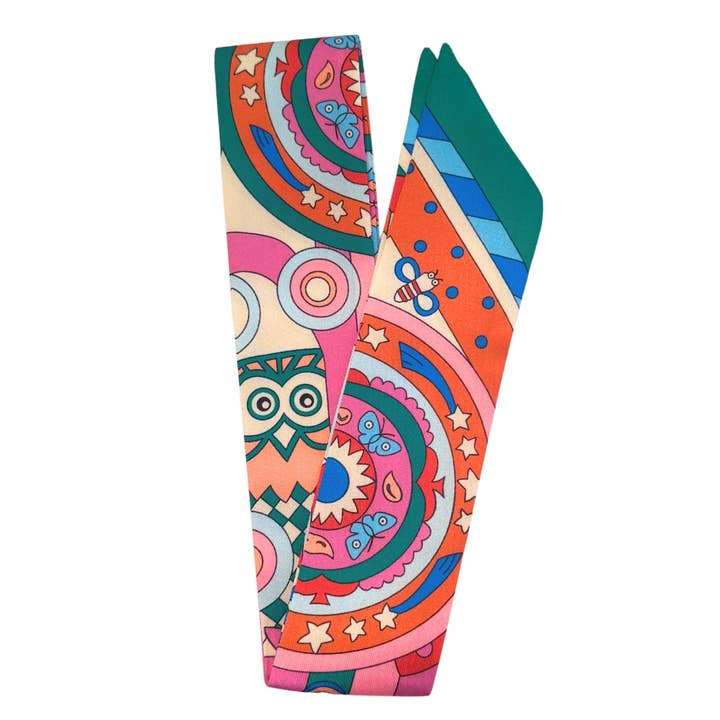 S108 Pink, Green & Orange Owl & Butterfly Printed Scarf Charm Necklace for wholesale by Kiss Me Kate Jewelry