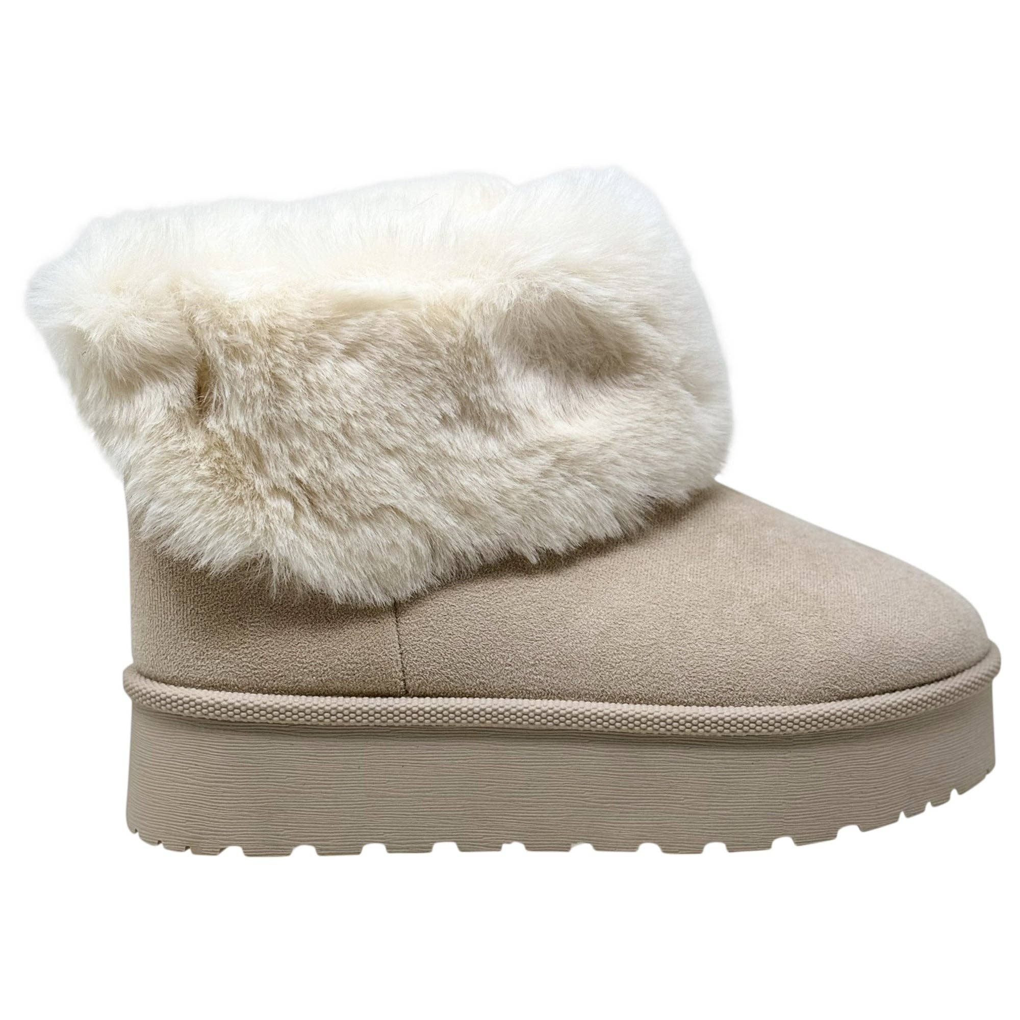 Women's Platform Booties Faux Suede Fur Lining Pull On Cuff Boots Beige Suede for wholesale on Faire1