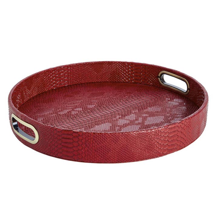 Round red reptile leather tray with stainless steel handles, artificial leather for wholesale by Signature Home Collection GmbH