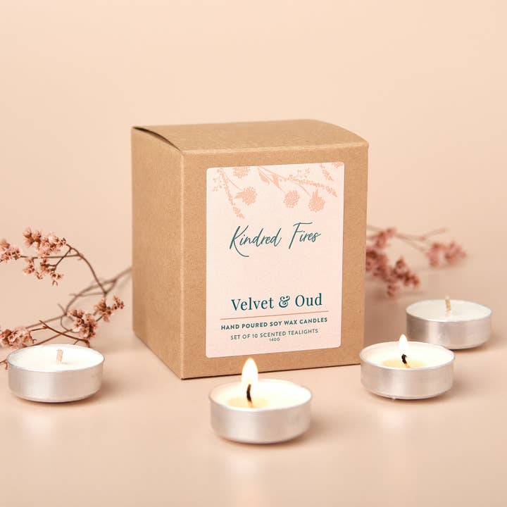 Velvet and Oud Scented Soy Wax Tealights for wholesale by Kindred Fires