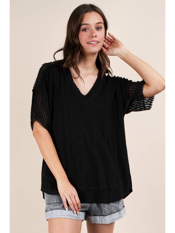 VERY J - Wholesale Knit Top - Women's - NT12088-Oversized Contrast Knit Comfy Casual Top