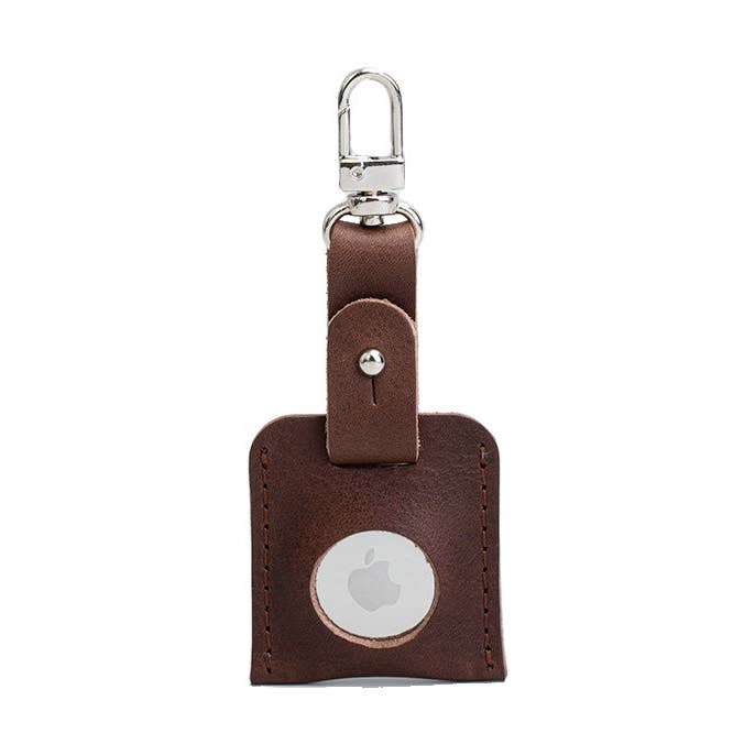 Leather AirTag bag charm with carabiner for wholesale by Geometric Goods