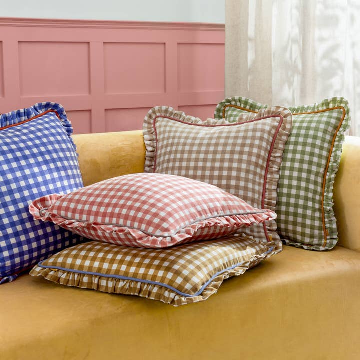 Maude Gingham Reversible Piped Cushion Sage for wholesale on Faire