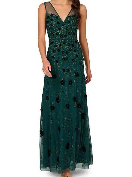 Robe Adrianna Papell à perles florales, encolure en V, sans manches, bretelles transparentes, corsage ajusté, jupe évasée. pour la vente par Immediate Apparel