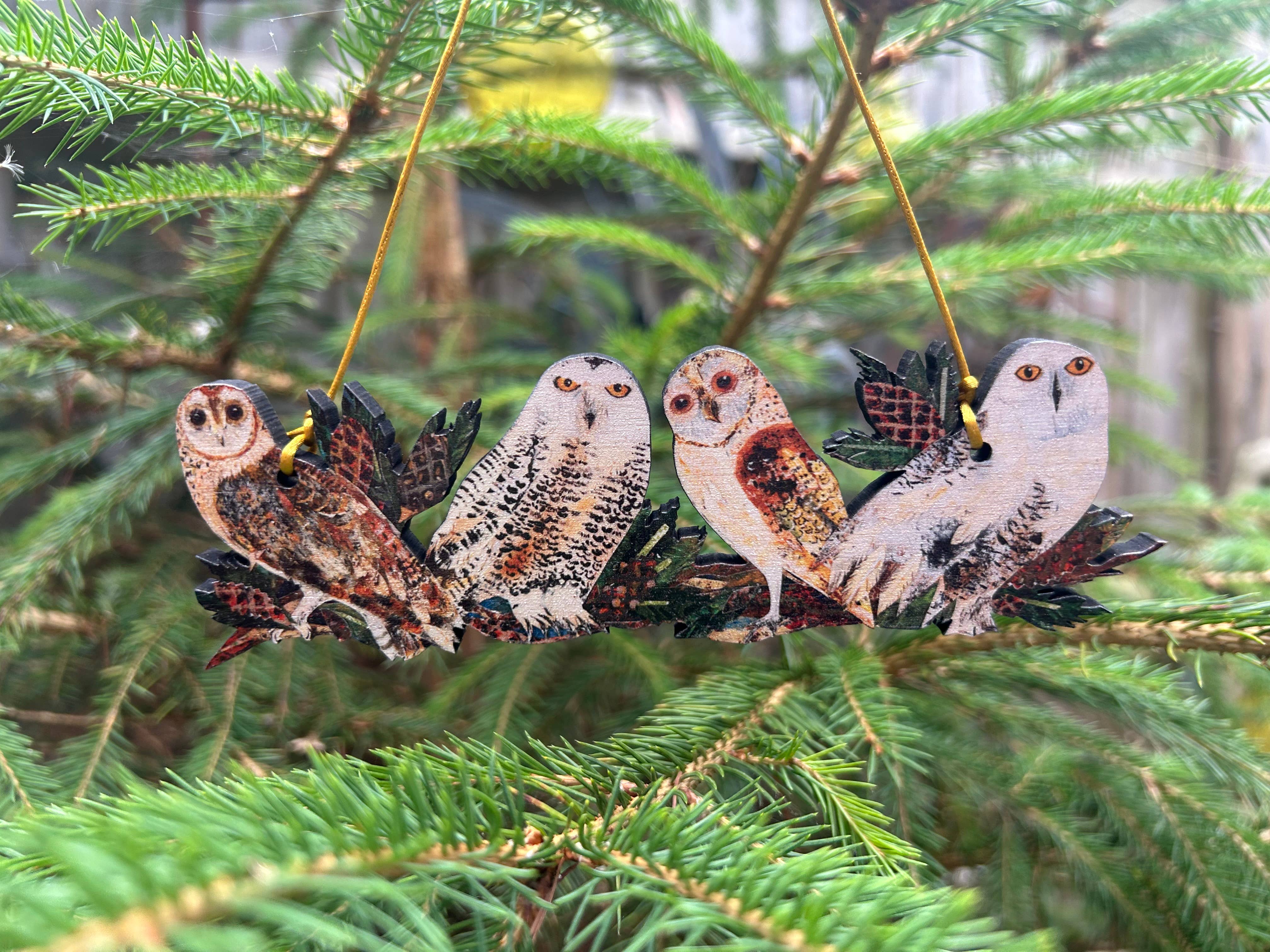Clare O’Neill Artworks – wholesale Ornament – Winter Owls on a branch birch plywood decoration 1
