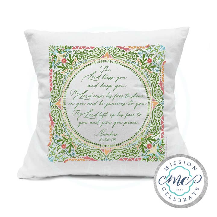 The Lord Bless You and Keep You The Lord Cause His Face to Shine On You and Be Gracious To You Numbers 6:24-26 (UPDATED) Art Pillow Cover (with Pillow Insert) White 18"x18" for wholesale by Mission Celebrate